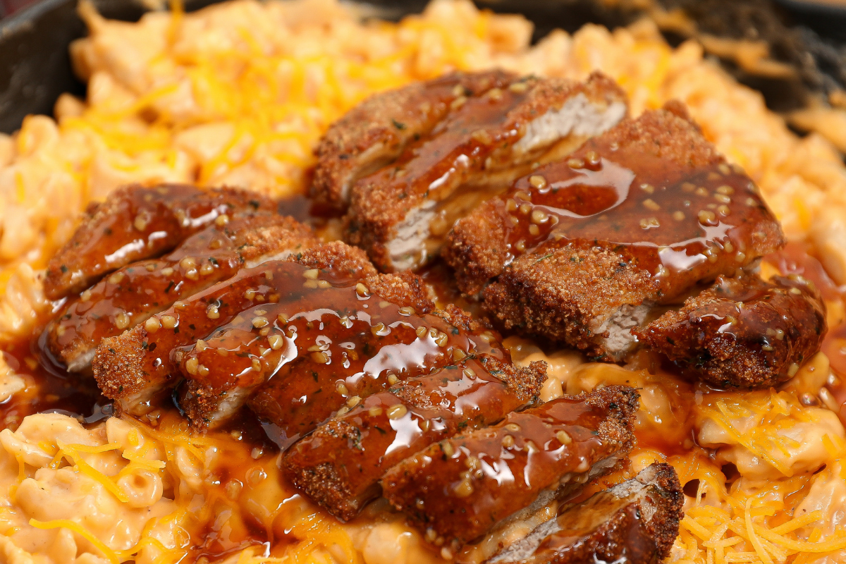 Honey Garlic Crispy Pork Tenderloin over Creamy Mac & Cheese