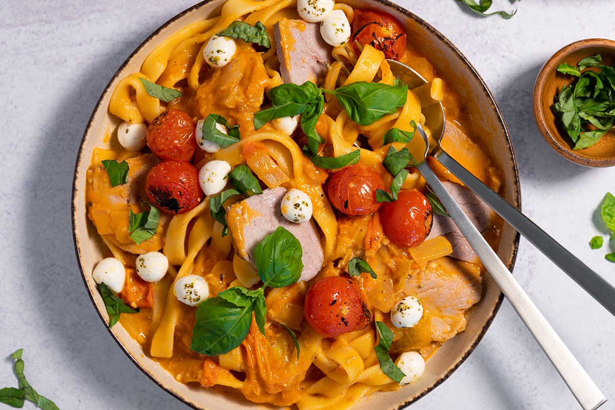 Margherita Pork Pasta with Fresh Cherry Tomato Sauce, Basil and Mozzarella  - Prairie Fresh